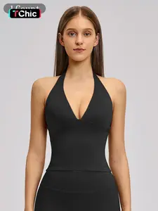 Women's V-Neck High Elasticity Sleeveless Yoga Tank Top with Padded Cups, Breathable Hollow-Out Design for Outdoor Fitness & Sports Wear, Sports Clothing