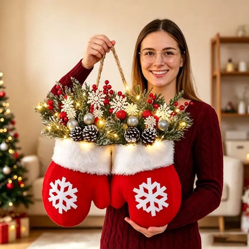 Christmas gloves door hanging with lights, pine cones, and red berries, decorative ornaments for Christmas home and window displays
