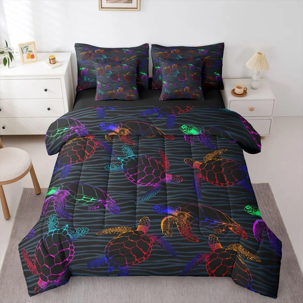 Feelyou Multi-Size 7-Piece Sea Turtle Bedding Set - Ocean Animal Comforter, Tortoise Sheets, Pillowcases, Gradient Wildlife Coastal Beach Room Decor Bed in A Bag, Seven Pieces