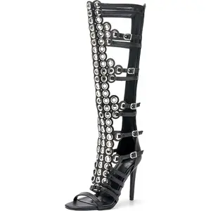 Evolra Women's Y2K Style Hollow Open-Toe Knee-High Boots - Metal Buckle Stiletto Heel Gladiator Sandal | Trendy Shoes for Party
