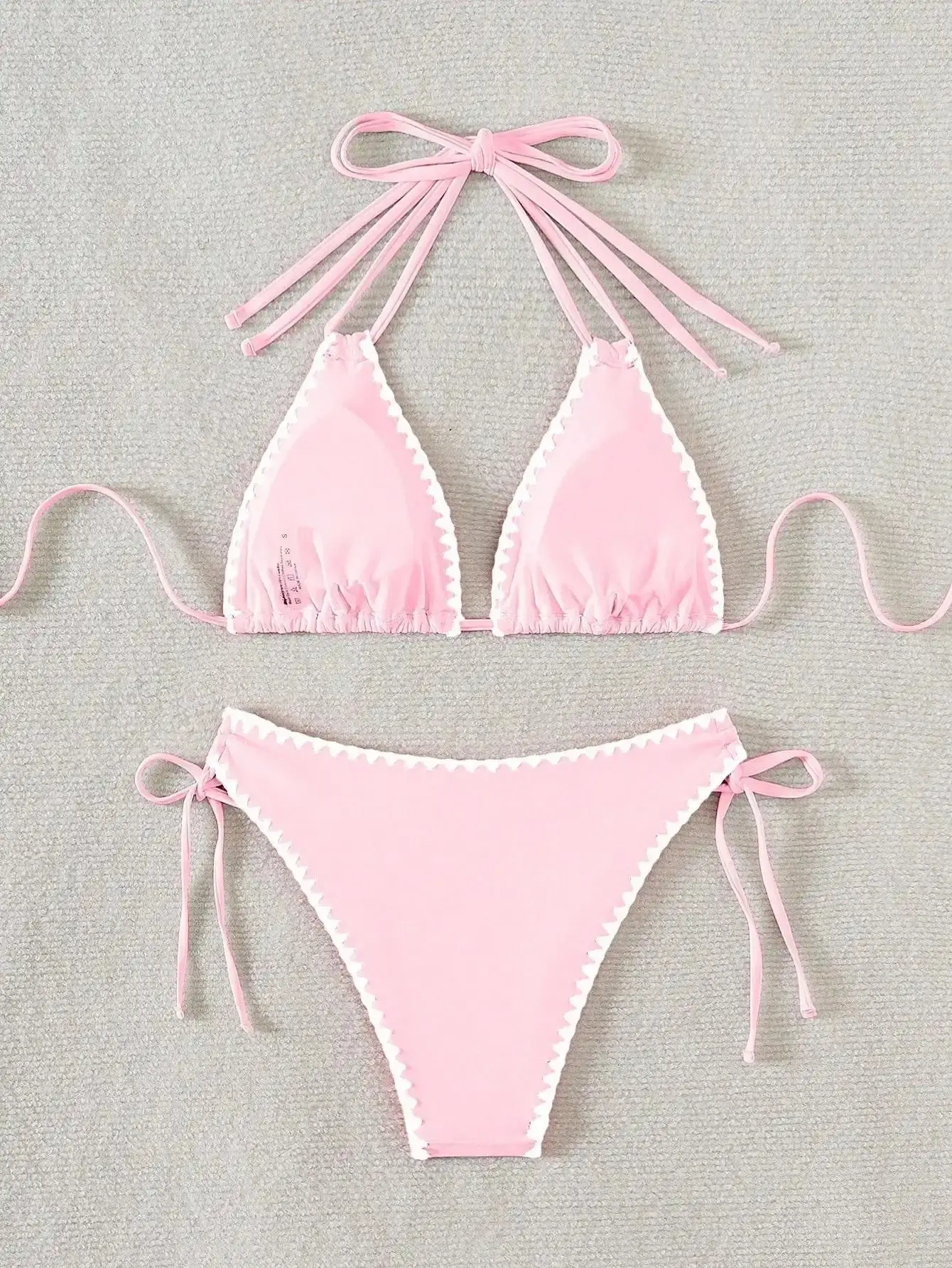 Women's Effortless 2-Piece Matching Halter-Front Bikini Set - Summer Pink Swimwear with Contrast Stitch, Cute Zigzag Trim, Adjustable Straps for Flattering Fit, Playful Design, Bikinis Set, Set, coordinated look
