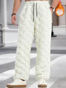 Men's Winter Straight-Leg Plaid Fleece Pants, Warm Casual Home Fashion Long Trousers, Outdoor Wear for Men, Stylish Comfortable Jeans, Barrel Leg Pants