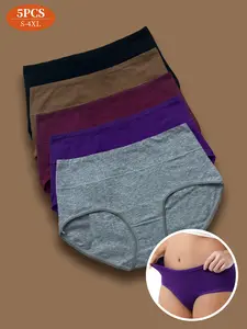 Women's 5-Pack Mid-Rise Solid Color Cotton Underwear, Assorted Colors, Comfortable Fit, Breathable Plus Size Triangular Briefs