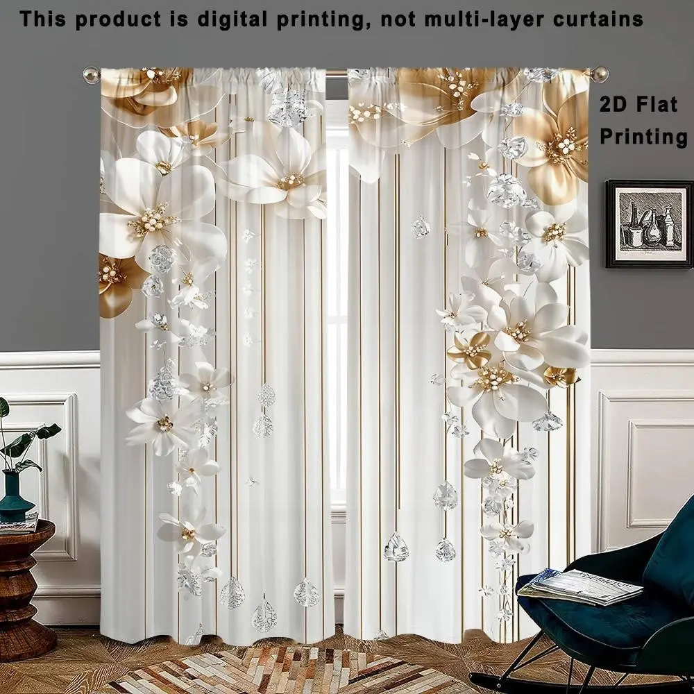 Floral Diamond Pattern Curtains, Modern Polyester Door Curtain, Home Decor, Semi-Transparent Privacy Curtains, 2 Piece Set, Easy to Hang, Home Decoration Curtain