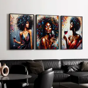 3pcs/set African American Women Canvas Wall Art Colorful Graffiti Afro Wine Girl Painting Modern Abstract Aesthetic Pictures Wall Decor Poster Print Artwork for Living Room Bedroom Bar Decoration Unframed