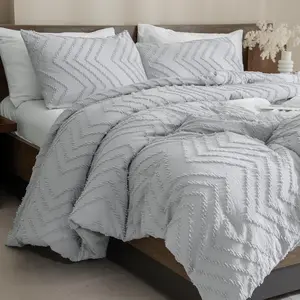 King Comforter Silver Grey, Boho Grey Warm Comforter Sets for King Size, 3 Gray Cute Chevron Tufted Aesthetic Microfiber Lightweight Comforter