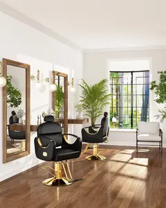 Baasha Black and Gold Reclining Salon Chair with Headrest Hydraulic Barber Chair 360° Swivel Adjustable Styling Chair Heavy Duty 440 lbs