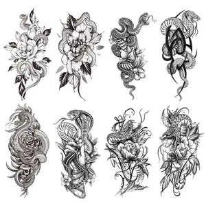 8 Waterproof Temporary Tattoo Stickers, Realistic Snake and Flower Designs, Large Arm and Leg Faux Tattoos for Unique Style