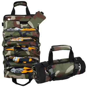 Portable Foldable Roll-Up Tool Bag, Heavy-Duty 5-Compartment Organizer with 2 Detachable Pouches, Waterproof Storage Bag for Electricians, Mechanic Gifts