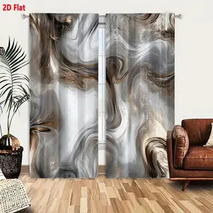 2D Flat  Abstract Marbled Pattern Blackout Curtain 2-Piece Set - Gray White Warm Brown Swirl Fluid Textures, Gold Sheen Artistic Wave Design, Smooth Dynamic Liquid Marble Effect for Living Room Bedroom Decor