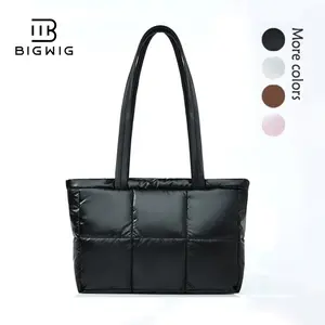 BIGWIG Women Quilted Tote, Black PU Leather Shoulder Bag, Lightweight Tablet Shoulder Bag, Travel and Work Bag, Magnetic Storage Bag, Lightweight and Durable, Elegant and Stylish Puffy Tote