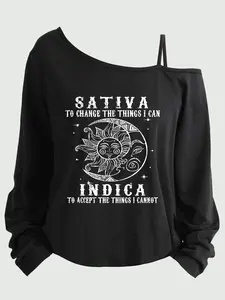 Plus Size Women's Loose-Fit Long Sleeve Cami Top, Asymmetrical Neckline, Letter Print, All Seasons, Sizes 1-8xl