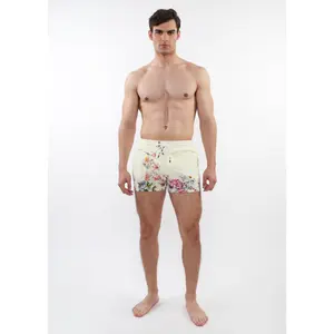 CREAM/MULTI FLORAL 2-1/2" INSEAM PRINTED BORDER SWIM SHORTS WITH MESH LINING PM-6002-46
