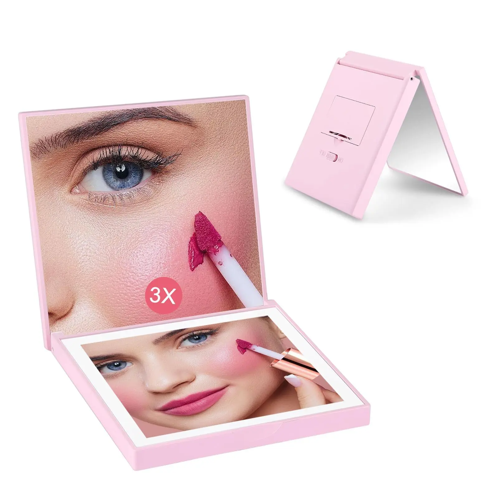 ALLROSE Compact Mirror 1X/3X Magnifying Travel Mirror with Light Small Purse Mirror Pocket Mirror for Makeup Mini LED Portable Handheld Makeup Mirror Travel Essentials Gifts for Women Girls Pink
