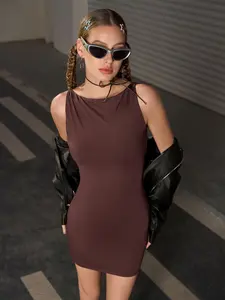 Women's Plain Round Neck Sleeveless Ruched Bodycon Dress, Casual Summer, Y2K Music Season School Return Clothing