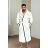 Royalty Robes Men's Ivory White Belted Soft Fleece Long-Sleeve Casual Loungewear - Gold Greek Key Trim, Pockets, Tie Belt, Men's Sleepwear