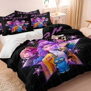 K-pop Star Team Anime Girl Duvet Cover Set, 1 Duvet Cover + 1/2 Pillowcases, No Core, Cool Cyberpunk Print with Stars & Neon, Soft Cozy Breathable All-Season Bedding for Teens & Anime Fans Bedroom & Dorm Decor