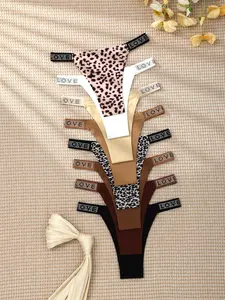 Women's Seamless Leopard Print Thong Panties Set, Breathable Soft Comfort Underwear Lingerie, Sexy Fitted Design Style, Plain Pattern, All Seasons