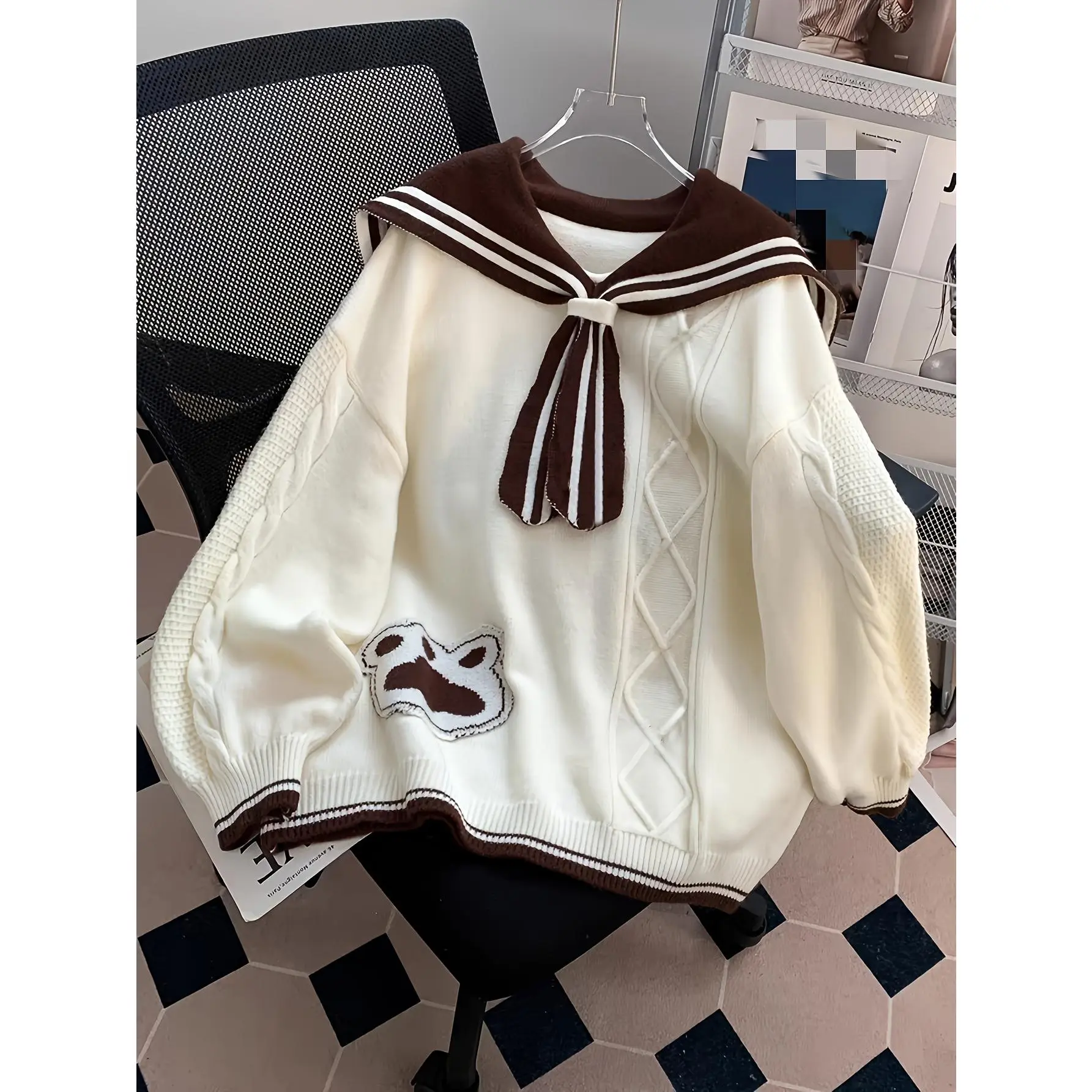 Women'S Elegant Sailor-Style Cardigan - Beige & Brown Two-Tone Long Sleeve Pullover with Wide Collar, Button Front, and Puff Sleeves for Fall/Winter, Autumn Winter Cardigan | Nautical Style Cardigan | Construction, Sweater Cardigan
