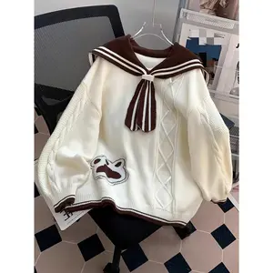 Women'S Elegant Sailor-Style Cardigan - Beige & Brown Two-Tone Long Sleeve Pullover with Wide Collar, Button Front, and Puff Sleeves for Fall/Winter, Autumn Winter Cardigan | Nautical Style Cardigan | Construction, Sweater Cardigan