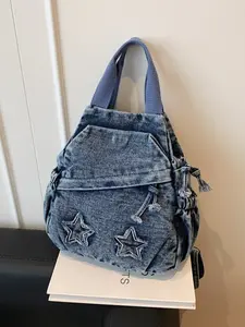 Star Patch Denim Drawstring Backpack, Women's Casual Handheld Bag, Stylish and Functional, Perfect for Daily Use and Travel
