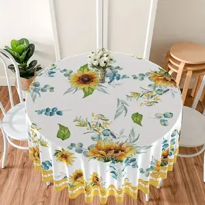Watercolor Sunflower & Eucalyptus Waterproof Round Tablecloth Collection | Bright Summer Floral Design, Stain‑Resistant for Farmhouse Home, Patio & Outdoor Parties | Customizable With Unique Patterns