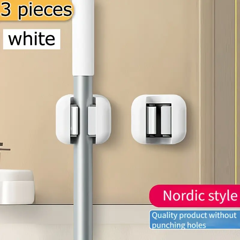 Hole-Free 3-Piece Wall-Mounted Mop and Broom Organiser Set, Self-Adhesive Tool Storage Clips, Strong White Plastic Seamless Rod Holder for Home, Kitchen