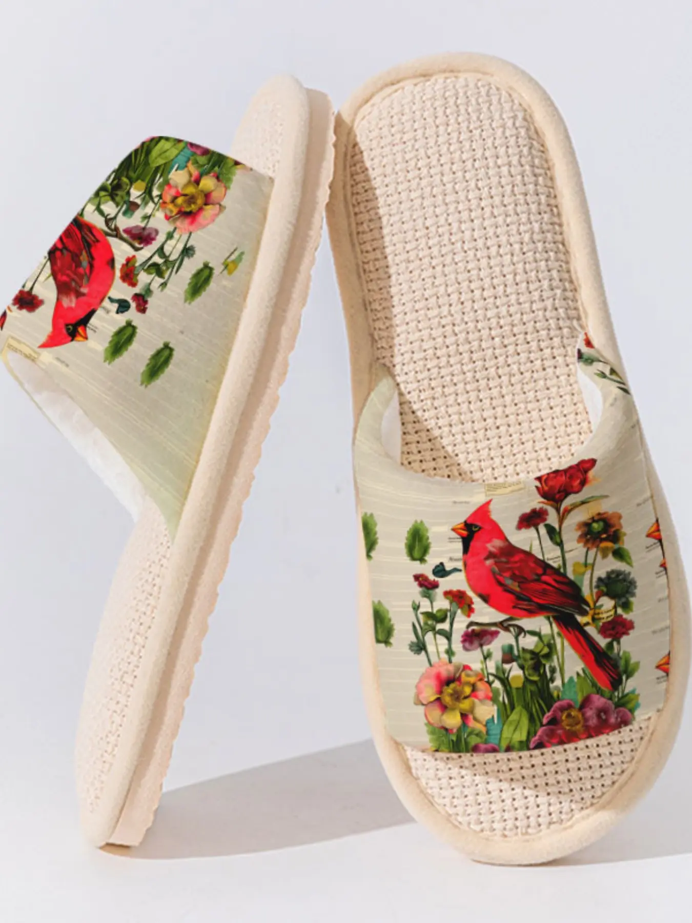 Vintage Red Bird Print 1 Pair Breathable Linen Slippers, Non-slip Lightweight Cozy All Season Home Shoes For Women Men Family Daily Guest Wear