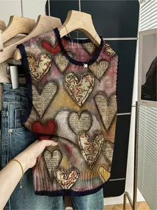 1 piece + Spring/Summer Back-to-School Casual Style Loose Round-neck Sleeveless Knitted Dark Blue Embroidered Contrasting Textured Leopard Print Heart Patterned Women's Knit Top for Women, to be paired with a vest, can be worn alone, Knitwear
