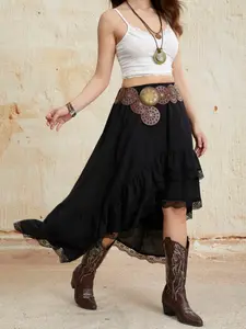 Women's High Low Layered Ruffle Skirt, Lace Trimmed Flowy Maxi Skirt, Elastic Waist Boho Skirt For Concert, Festival And Casual Wear
