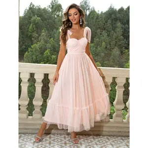 Blush Pink Polka Dot Tulle Tie Shoulder Tiered Midi Dress