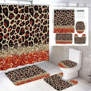 1/4pcs Luxurious Leopard-Print Bathroom Ensemble with Glitter Ombre Accent - Stunning Shower Curtain, Elegant Bath Mat, Contoured Toilet Mat, and Chic Lid Cover - Perfect for Glamorous Holiday Home Decor