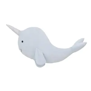 Light Blue Whimsical Narwhal Shaped Decorative Pillow with 3D Silver Metallic Horn