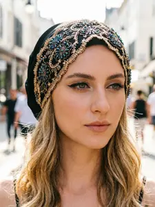 New Rhinestone Beaded Lace Headband Hat, Fashionable Comfortable Elastic Slip-On Ethnic Floral Hat for Women, 1pcs Trendy Accessory