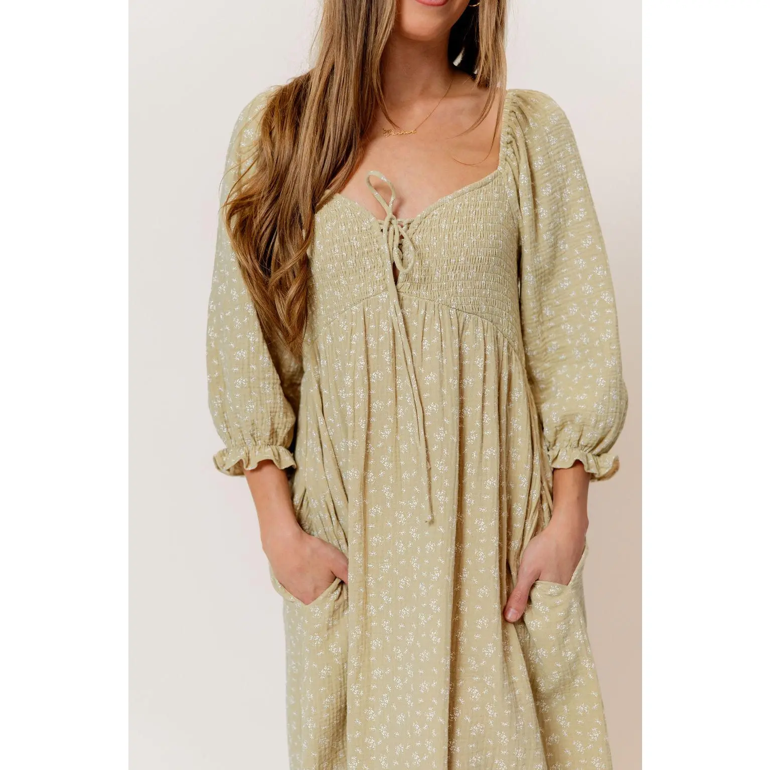 Cecilia 100% Cotton Smocked Maxi Dress in Green Haze Foliage - Bump Friendly