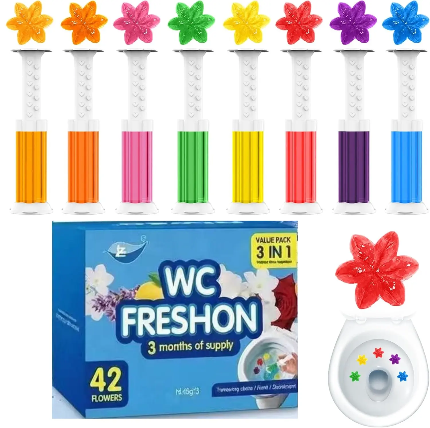 3 Pack Flower Toilet Gel Stamps, 42pcs 9 Scent Long Lasting Bathroom Freshener, Odor Eliminating Toilet Bowl Cleaner Gel