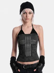 Aelfric Eden Halter Studded Cami Top Slim Fit Striped Rhinestone Cross Graphic Halter Neck Tie Y2K Retro Women Streetwear Top