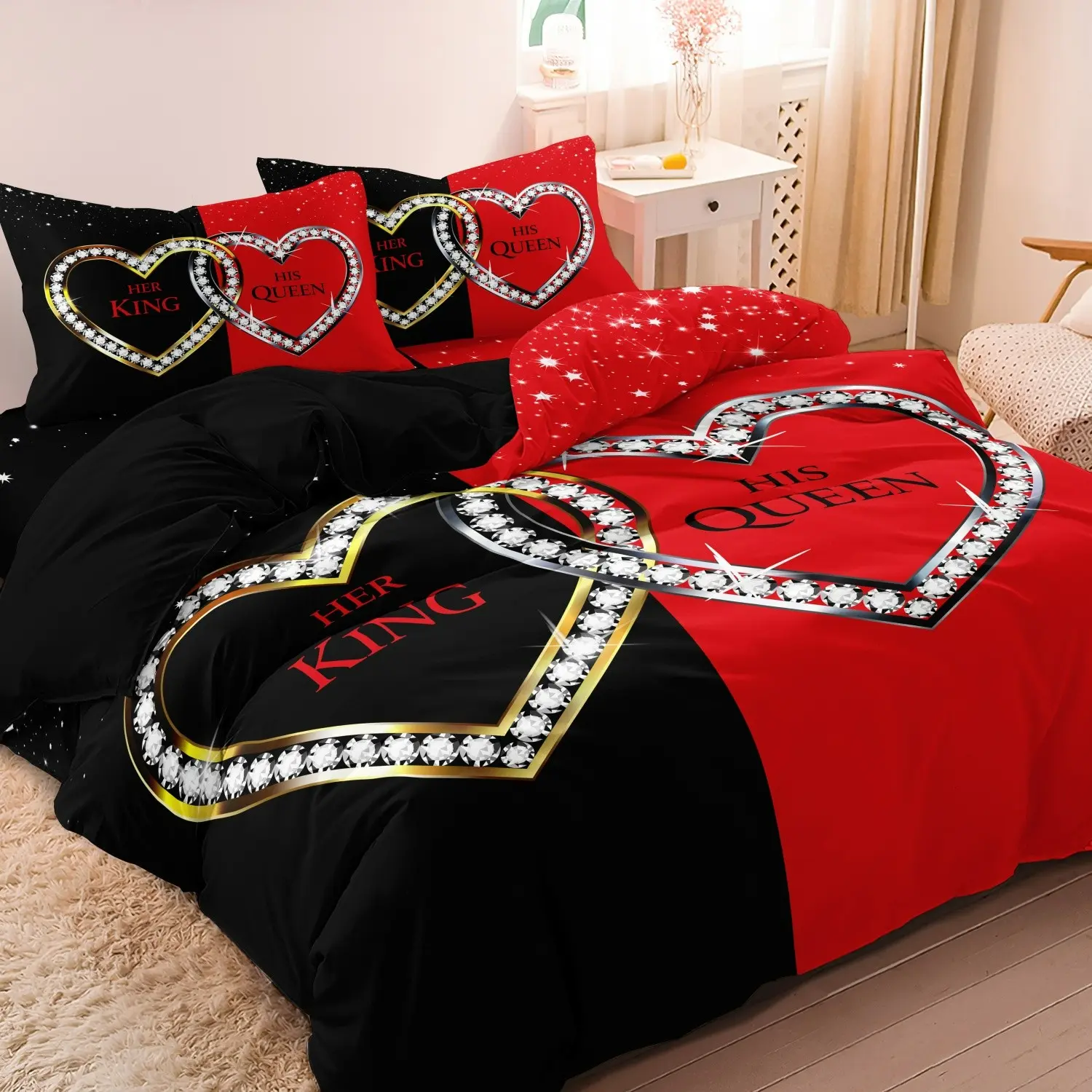 3pcs Romantic couple Crystal Heart King & Queen Romantic Couple Decorative Printed Bedding Set - 1 Duvet Cover + 2 Pillowcases, All-Season Polyester, Machine Washable, Digital Print, Perfect For Home & Dorm Decor, Dorm Room Essentials