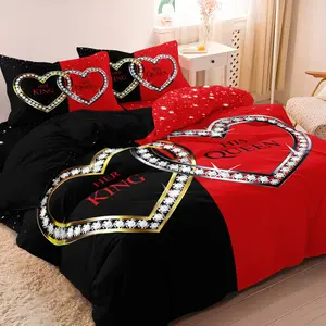 3pcs Romantic couple Crystal Heart King & Queen Romantic Couple Decorative Bedding Set - 1 Duvet Cover + 2 Pillowcases, All-Season Polyester, Machine Washable, Digital Print, Perfect For Home & Dorm Decor, Dorm Room Essentials