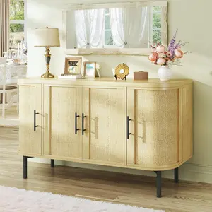 Sideboard Buffet Cabinet with Storage, 47.2" Rattan Sideboard Cabinet with Adjustable Shelf, Metal Legs, Modern Buffet Sideboard for Kitchen, Living Room, Entryway, Natural Oak