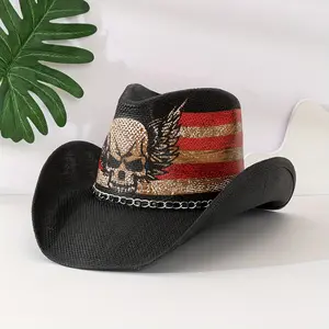 UniGender Punk Gothic Skull Cowboy Hat - Black with Red/White Stripes & Chain Accents, 100% Paper Crafted Wide Brim, Detachable Design for Concerts, Cosplay, Beach & Fire Pit Parties