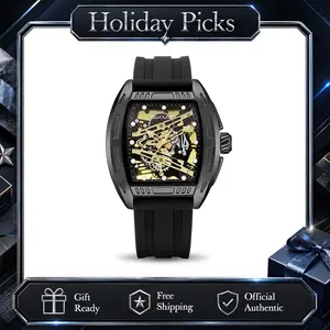 SKMEI Men's Quartz Watch, Skeleton Dial Fashion Watch with Tonneau Case, Silicone Band, Large Face 44x48mm, Colorful Gear Design, Lightweight Casual Watch for Daily Wear