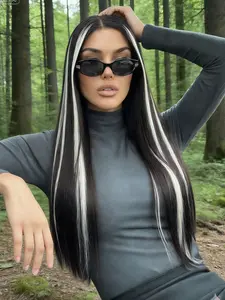 Black Mix Cream White Highlight Synthetic Lace Front Wigs Straight Natural Hairline Wig 13x4 HD Transparent Lace Wig Lace Frontal Wigs for Party Christmas Halloween Glueless Frontal Wig 28 Inch