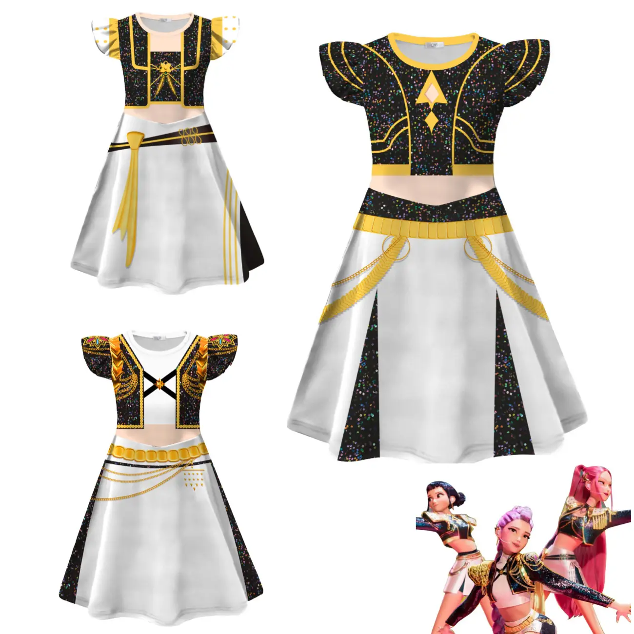 Girls KPOP Demon Hunter Huntrix Role Printed Sleeve Dress,Rumi Mira Zoey Character Design Outfits Casual Fit for Kids 4-14 Years