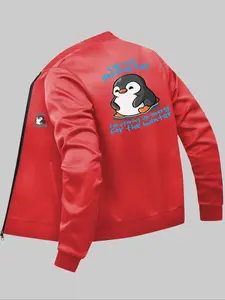 Men's Cartoon Penguin Print Zip Up Jacket, Regular Fit Casual Long Sleeve Stand Collar Outerwear for Fall & Winter, Men's Clothes for Daily Wear
