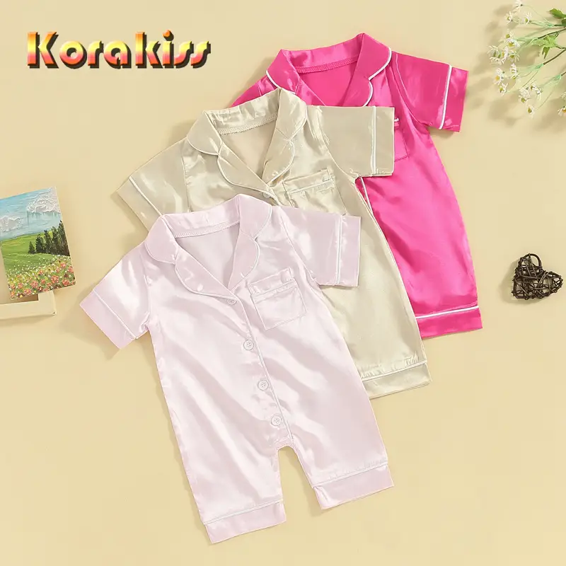 Outdoorfun Baby Girls Summer Jumpsuit Pajama Short Sleeve Lapel Solid Color Button Up Sleepwear
