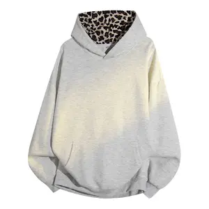 Men’s leopard-print inner sweatshirt cardigan for spring/autumn, patchwork hooded top in high-street style; loose casual pullover, solid color, versatile, stylish and minimalist.