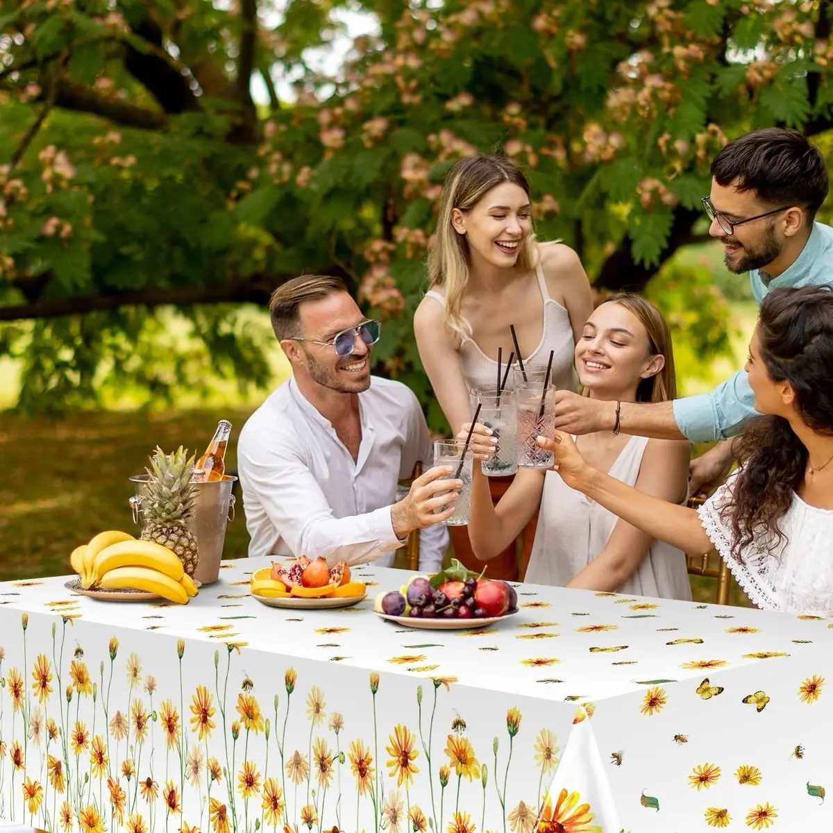 3Pack White and yellow sunflower print Tablecloth Disposable Tablecloths for Rectangle 54" x 108" Plastic Party Table Covers for Birthday Thanksgiving Christmas Wedding Outdoor BBQ (White) waterproof