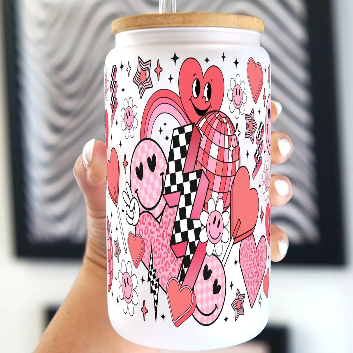 Sip-Sip Hooray! 16oz Cute Groovy Retro Valentine Glass Can Cup with Bamboo Lid & Straw – Reusable Drinkware, Portable Tumbler, Gift for Her