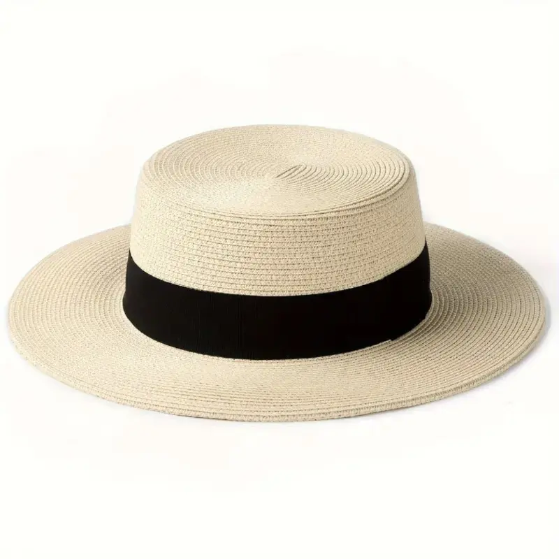 Summer Beach Essential! French Style Flat Top Straw Hat |   Large Head Friendly |   UPF50+ Sun Protection Fashion Hat